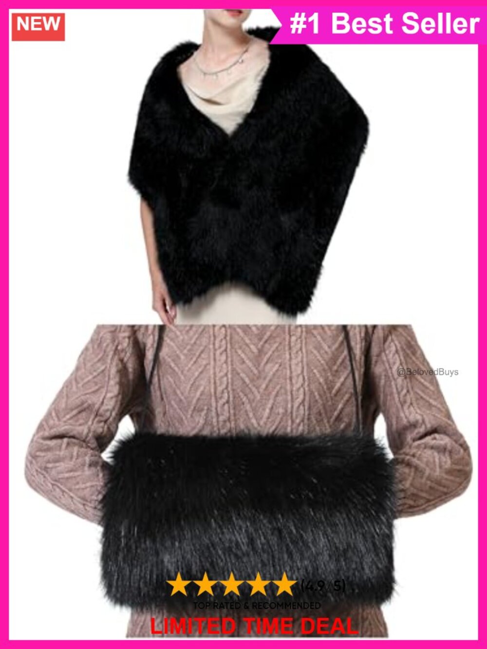Faux Fur Long Shawl & Hand Muffs 2pc Set Quilted Lined One Size